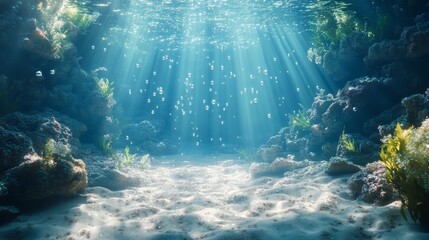 Sunbeams Illuminating Underwater Seabed with Rocks and Algae