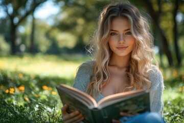 Woman Reading Book in a Park