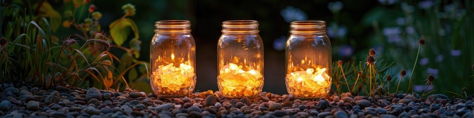 Three outdoor table lights crafted from jam jars featuring a shattered glass effect
