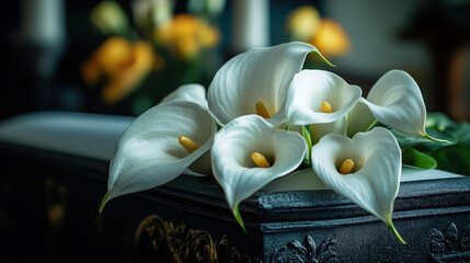 white calla lilies on coffin at funeral ceremony in church, death, christianity, burial, death, liturgy, faith, ceremonial flowers, temple, farewell to deceased, postcard, religion, religious rite