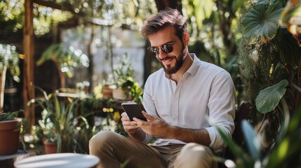 Man enjoying a sunny day outdoors while using his smartphone in a lush garden filled with greenery and plants