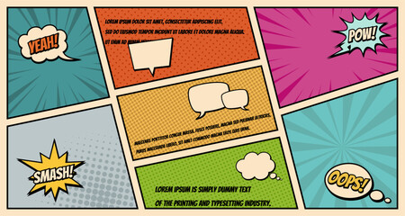 Comic books dialog bubbles. Cartoon book superhero scrapbook page template, empty comical speech clouds, graphic art frame layout template illustration. Pop art background with blank balloons
