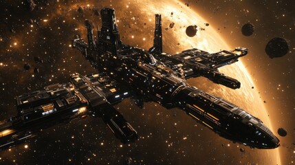 Naklejka premium A futuristic space station orbiting a distant planet, surrounded by stars and cosmic debris.