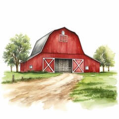 Obraz premium Beautiful Red Barn Illustration on Rural Farm with Trees and Dirt Path