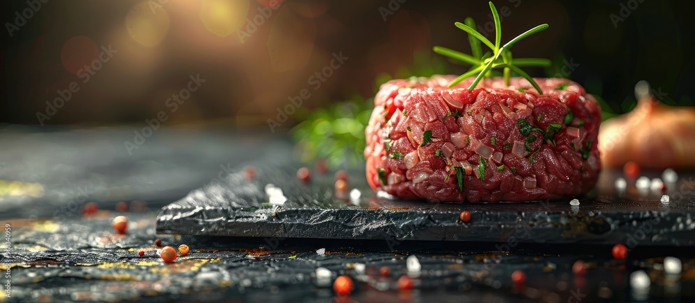 Wall mural closeup of raw fresh beef steak seasoned with rosemary pepper and other spices on a dark rustic back