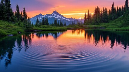 Fototapeta premium Mountain Lake Reflection with Pink Sunset