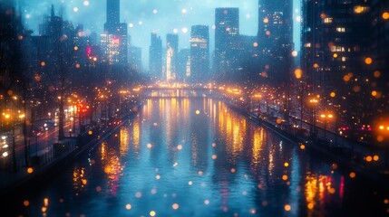 Obraz premium Cityscape with Waterway and Lights Reflected in the Water