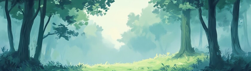 A tranquil forest scene with soft light filtering through lush trees, inviting serenity and a sense of peace in nature.