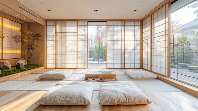 Sunlight illuminating a serene japanese tea room with cushions arranged on tatami mats