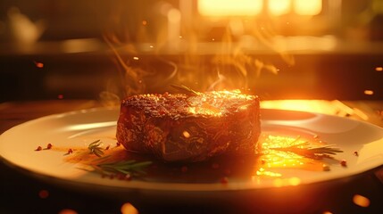 Sizzling perfectly cooked steak dish served on an elegant dining plate garnished with fresh herbs and spices creating an appetizing