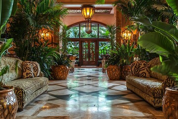 Fototapeta premium Lavish entrance of a tropical-themed hotel with exotic greenery.