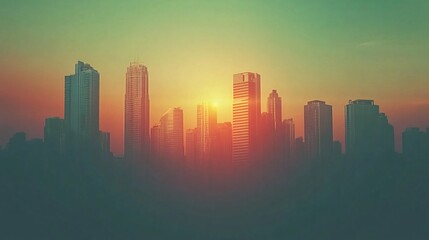 Silhouette of a modern skyline against a colorful sunset with warm hues and tall buildings.