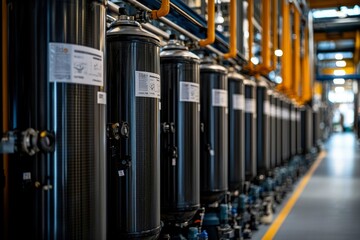 Obraz premium Industrial Cylinders Lined Up in a Factory Setting