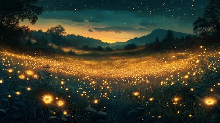 A Field of Luminous Flowers Under a Starry Sky