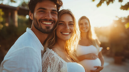 happy smiling couple in foreground, pregnant woman surrogate mother with big belly in background, surrogacy, pregnancy, motherhood, man, woman, future parents, family, expecting baby