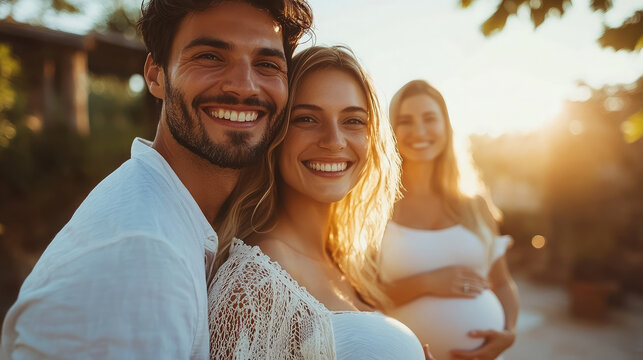 happy smiling couple in foreground, pregnant woman surrogate mother with big belly in background, surrogacy, pregnancy, motherhood, man, woman, future parents, family, expecting baby