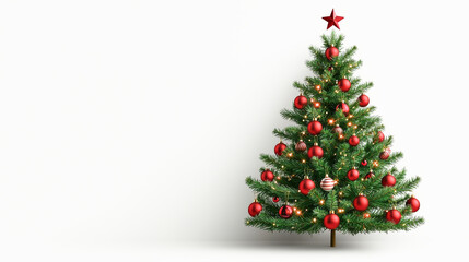A festive Christmas tree adorned with red ornaments, sparkling lights, and a bright star, perfect for holiday celebrations.