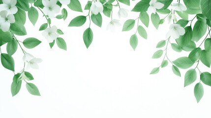 Obraz premium A serene background featuring delicate white flowers and lush green leaves, perfect for nature-themed designs and calming visuals.
