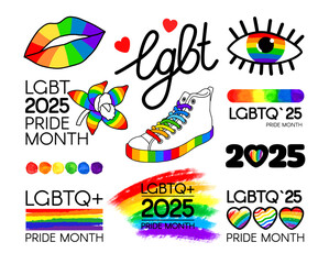 Fototapeta premium big Set of LGBT Pride Month 2025. LGBT flag brush stroke, logos, symbols and stickers. Human rights and tolerance. Vector illustration isolated on white background.