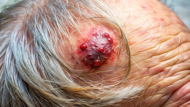 A close-up scalp image reveals a basal cell carcinoma with a crater-like open sore, oozing pus and bleeding,