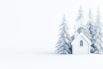 Fototapeta premium A serene winter scene featuring a cozy white house surrounded by snow-covered trees, evoking a peaceful and chilly atmosphere.
