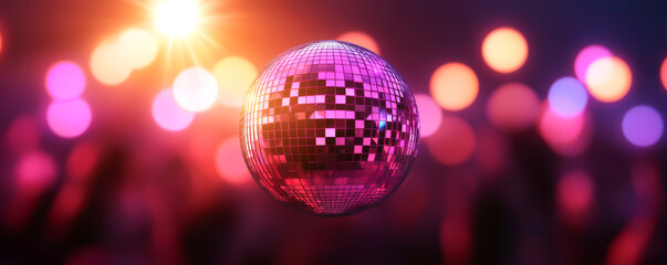 A sparkling disco ball reflects vibrant lights, creating an energetic and festive atmosphere for dancing and celebration.