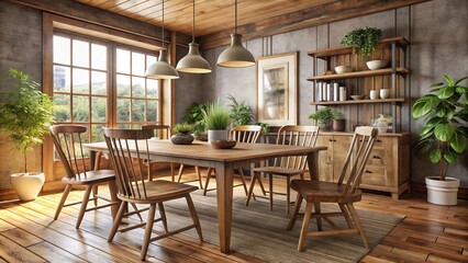 Obraz premium A cozy dining room is filled with rustic charm thanks to a wooden Formica table paired with vintage
