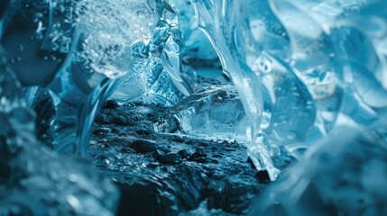 Obraz premium Fragments of blue glacial ice on a massive iceberg in Nordic regions, featuring vast ice caves filled with frosty blocks that create a captivating Arctic scenery. Stunning icy structures within the