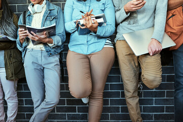 Phone, hands of students and typing at wall for contact, registration and scroll in social media. People, tech and app in hallway for online mobile game, instant messaging and check class schedule