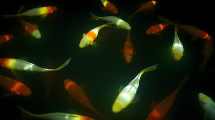 Glowing koi fish swimming in a dark pond, creating an ethereal and peaceful scene, aquatic glowtime, tranquil and beautiful.