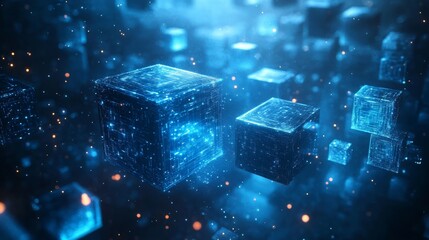 Blue cubes and tech patterns in futuristic scene, glowing edges, Double exposure silhouette with space exploration