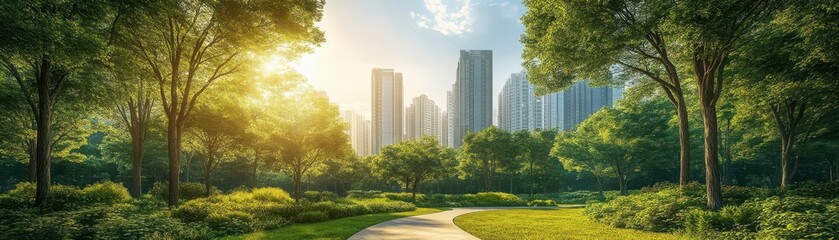 Obraz premium Green urban park with sustainable architecture, illustrating ecofriendly economy