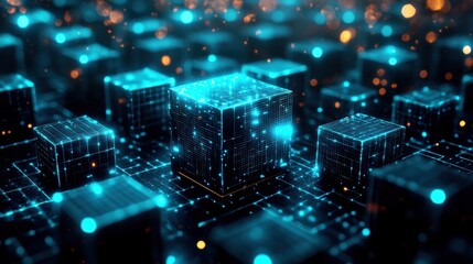 Abstract digital cube network with glowing particles, representing innovation and technology in a futuristic environment.