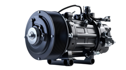 Automotive air conditioning compressor engine part isolated transparent background