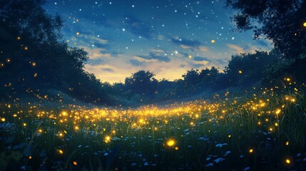 Fototapeta premium A Field of Fireflies Glowing Under a Starry Night Sky
