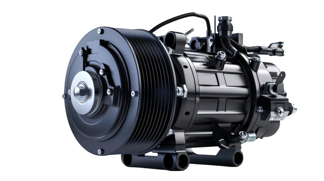 Automotive air conditioning compressor engine part isolated transparent background