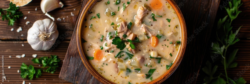 Poster Top-down view of traditional chicken soup with cream and garlic