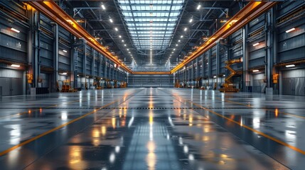 Obraz premium Expansive industrial warehouse interior with towering metallic structures heavy machinery and bright overhead lighting creating a modern efficient