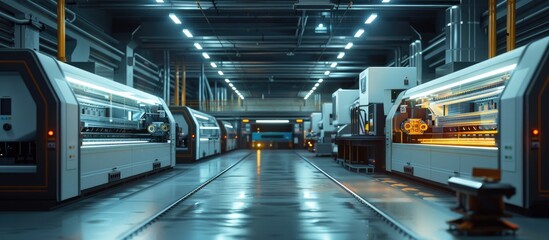Fototapeta premium Futuristic industrial factory interior showcasing an automated production line with various machinery conveyor systems and a clean minimalist layout