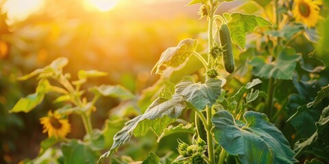 Green cucumber growing in a kitchen vegetable garden with cucumber plant training to climb on sunflowers