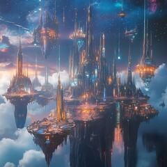 A breathtaking long shot of a fantasy world with majestic floating islands