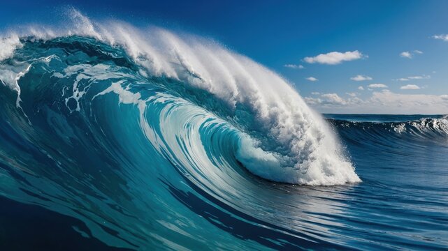 A powerful, massive ocean wave curls and crashes against the water under a bright, clear blue sky, showcasing the force of nature.
