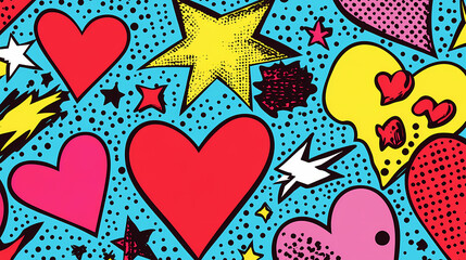A bold graphic pattern of repeating pop art motifs like hearts stars and lightning bolts ai generated illustration. Pop Art. Illustration