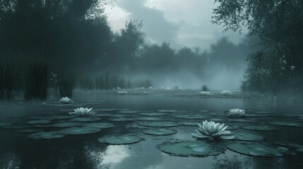 Foggy Forest Pond with Water Lilies