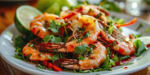 Cooked Shrimp and Seafood with Spicy Chili Sauce and Coriander Shrimp Salad with Lemon and Lime Fresh Shrimp on White Plate with Vegetables