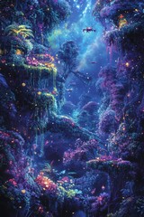 Naklejka premium A mesmerizing side view of an enchanted forest intertwined with a starry galaxy