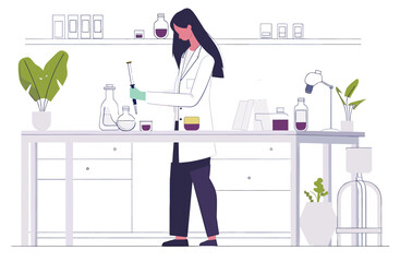 Bio-technologist woman working at the lab in new searches. Flat design minimal illustration