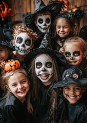 smiling kids in halloween costumes at party, skeleton, vampire, witch, children, kid, child, masquerade, portrait, october 31, all saints day, celebration, holiday, autumn, fall, girl, boy, childhood