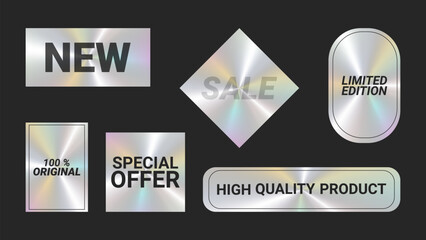 Holographic stickers logos emblem labels color set. New High quality product For packaging product of promotional material. Sticker for clothes or accessories. Vector illustration.