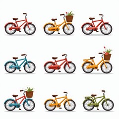 Obraz premium Colorful Bicycle Illustrations Featuring Baskets with Flowers and Plants - Perfect for Eco-Friendly Designs and Lifestyle Graphics